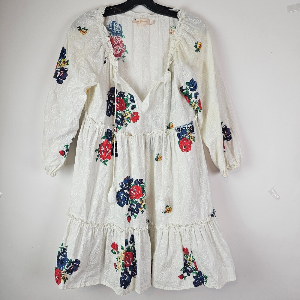 Tory Burch White Eyelet Tiered Dress Tassel Embroidered English Tea Rose LS S